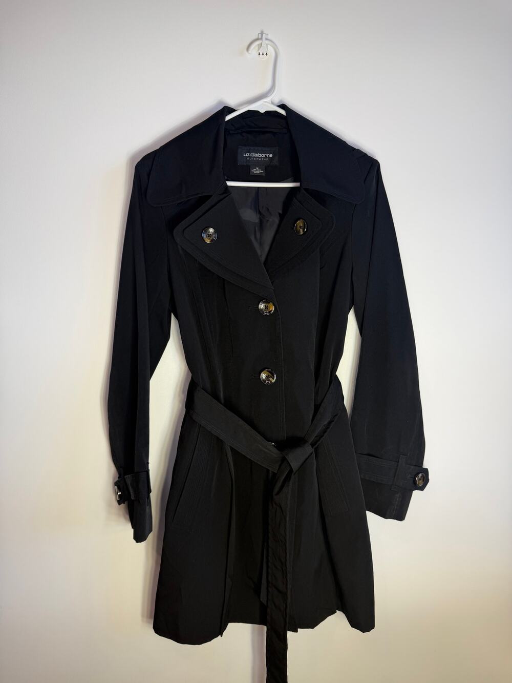 Liz Claiborne Women's Medium Black Hooded Belted Trench Coat Lined
